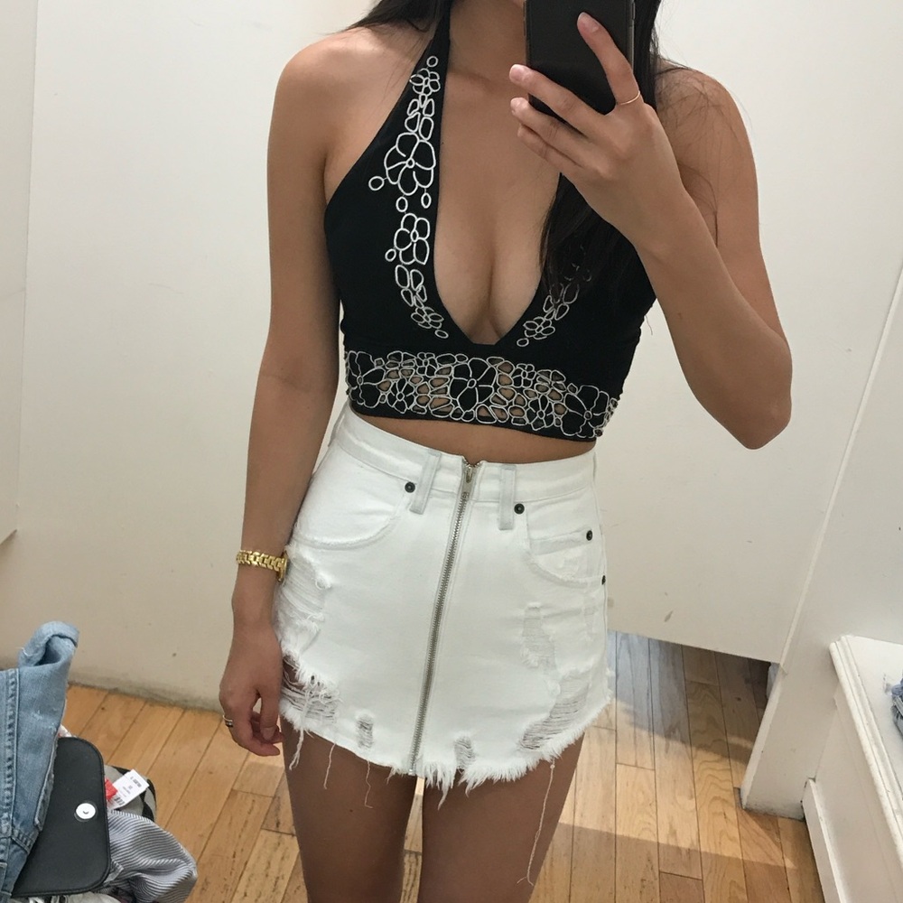 LF Black Halter Crop Top with White Floral Embroidery for Night Out or Festival